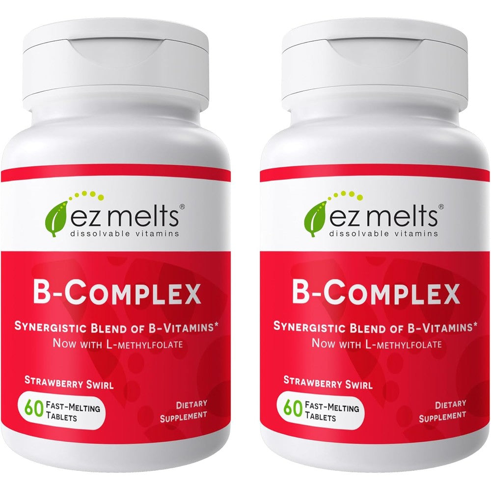 EZ Melts Dissolvable Vitamin B Complex bottle front view showing strawberry swirl flavor.