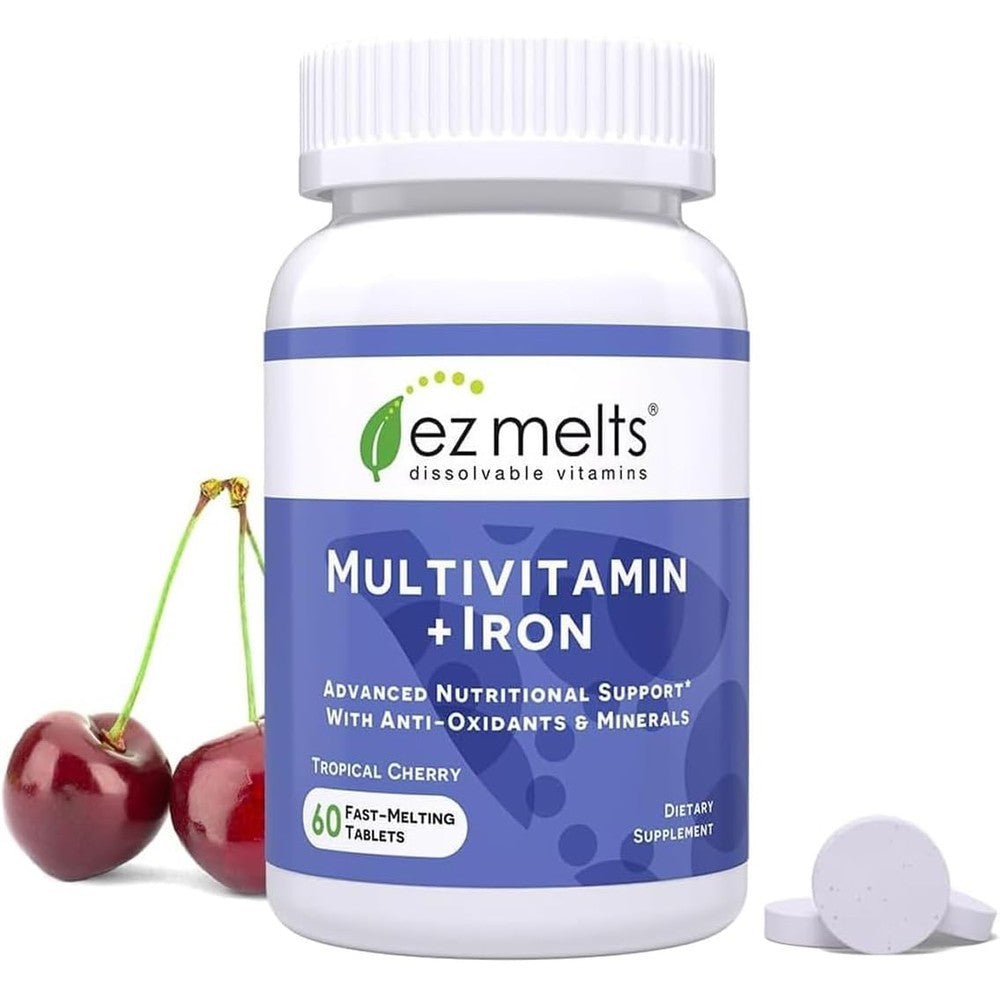 EZ Melts Multivitamin Plus Iron 60 dissolvable tablets front bottle view daily vegan supplement