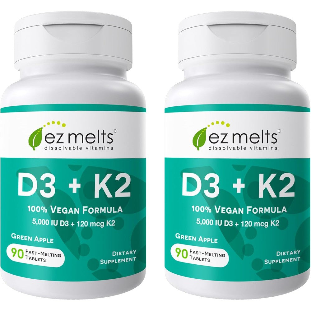 EZ Melts Dissolvable Vegan Vitamin D3 and K2 bottle front view showing green apple flavor