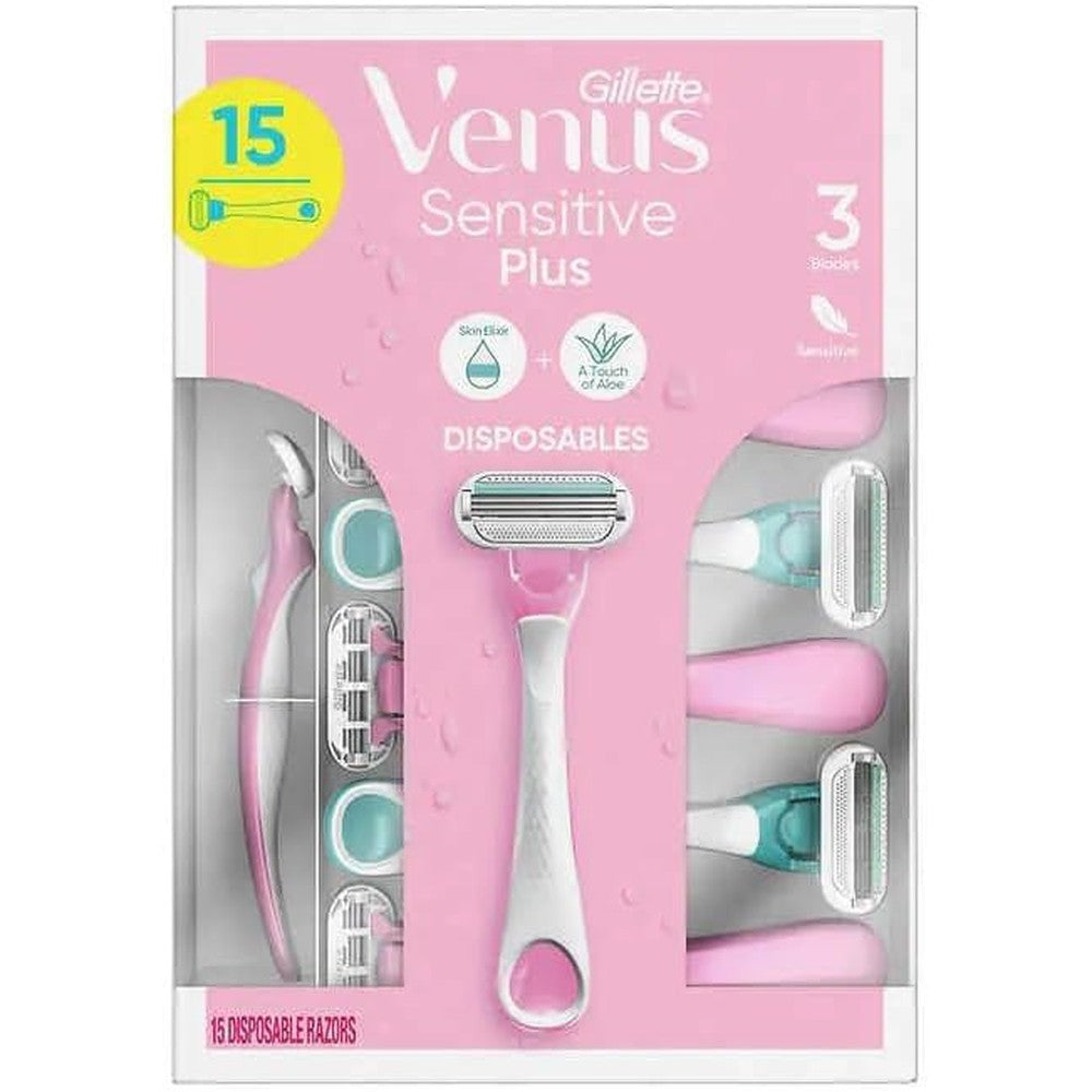 Gillette Venus Sensitive Plus Disposable Razor, 15 Count, Pink and White