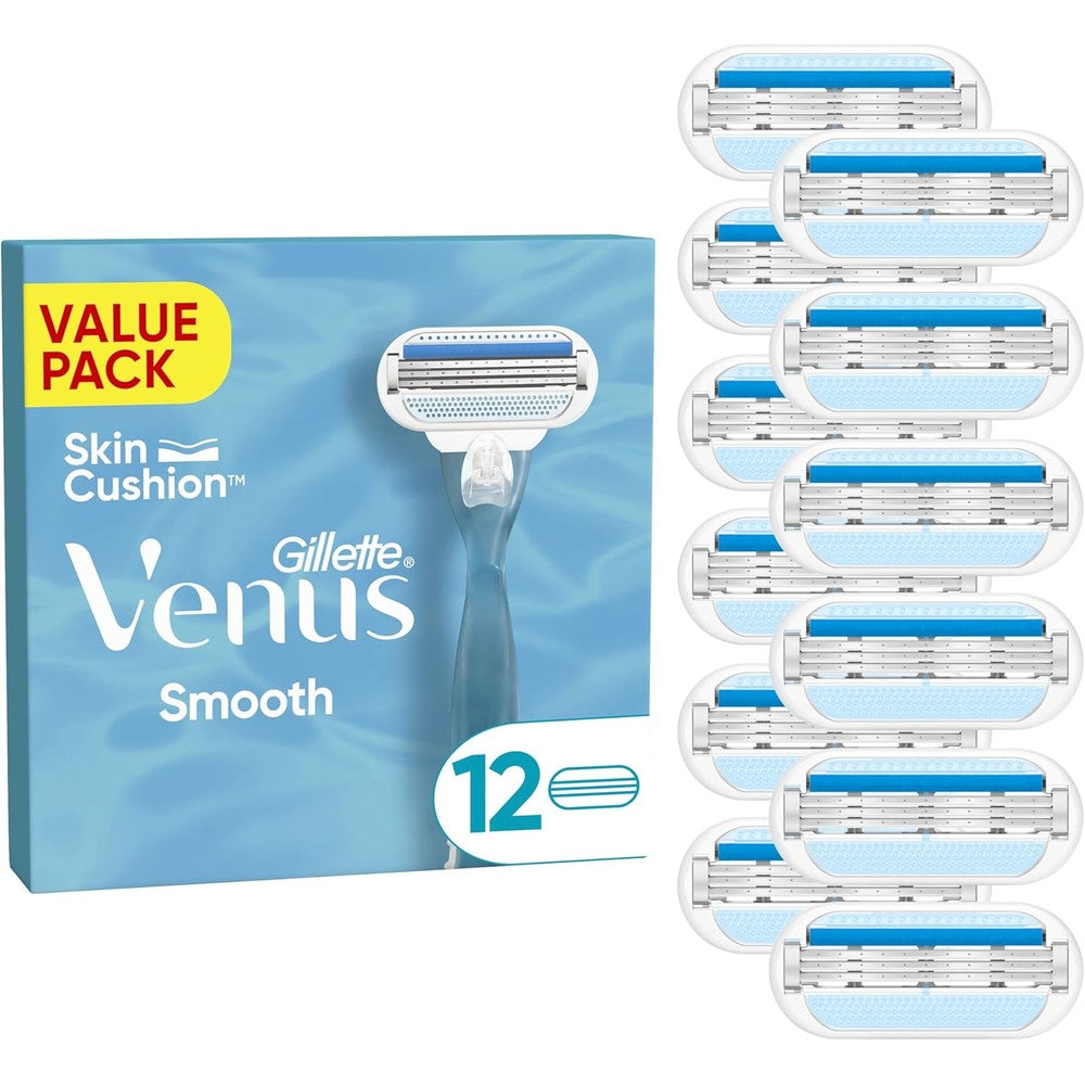 Gillette Venus Smooth Razor Blades Women, Pack of 12 Razor Blade Refills, Lubrastrip with A Touch of Botanical Oils