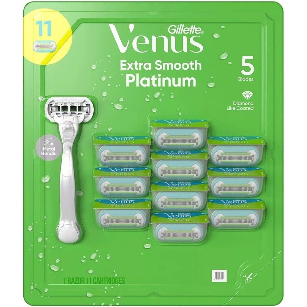 Venus Platinum Extra Smooth Metal Handle Women's Razor, 1 Handle + 11 Refills