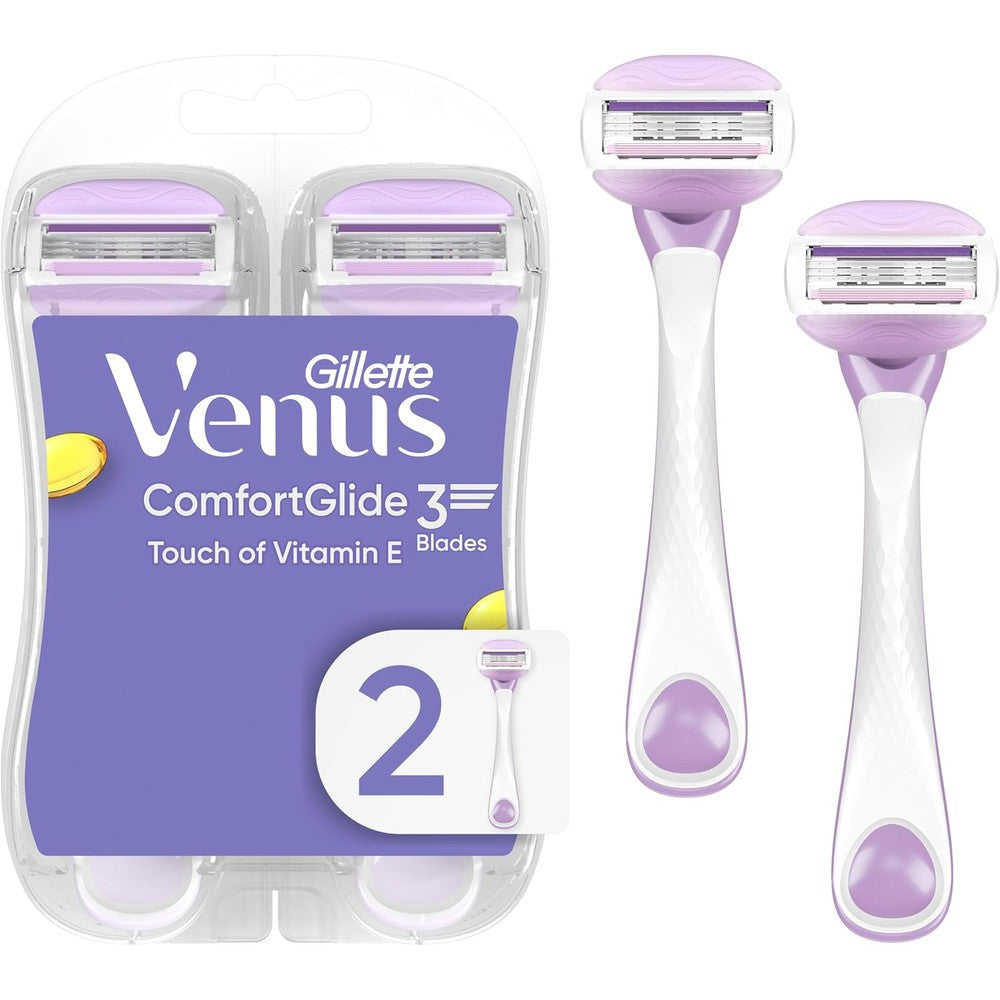 Gillette Venus ComfortGlide Touch of Vitamin E, Disposable Razor for Women, 3 Blades, Water-Activated Moisture Bars, 2ct