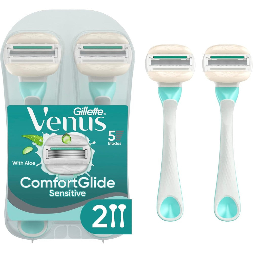 Gillette Venus ComfortGlide Sensitive Disposable Razor for Women, 5 Blades with a Touch of Aloe, Water-Activated Moisture Bars, 2ct