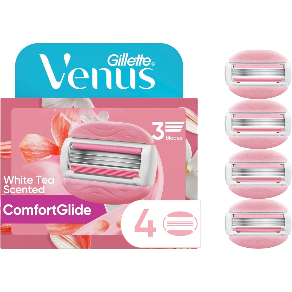 Gillette Venus ComfortGlide White Tea Women's Razor Refills, 4 Refill Cartridges, Fits Venus Reusable Razor Handles, 3-Bladed with Built-in Shave Gel Bars, Holiday Gifts for Women