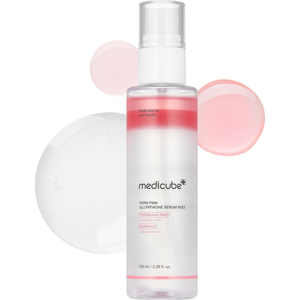 Medicube Salmon DNA PDRN Pink Glutathione Spray Serum front view showing the sleek clear packaging and fluid pink layers.