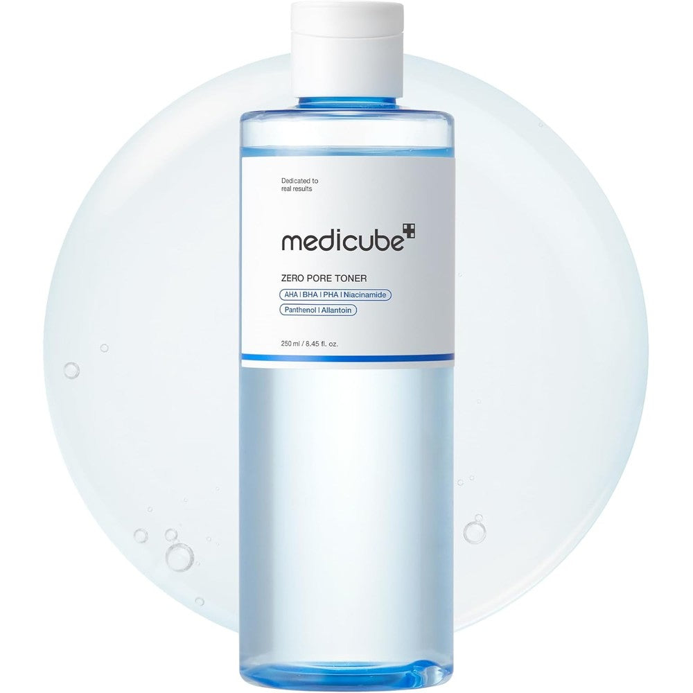 Medicube Zero Pore Toner front view of blue packaging bottle on clean background