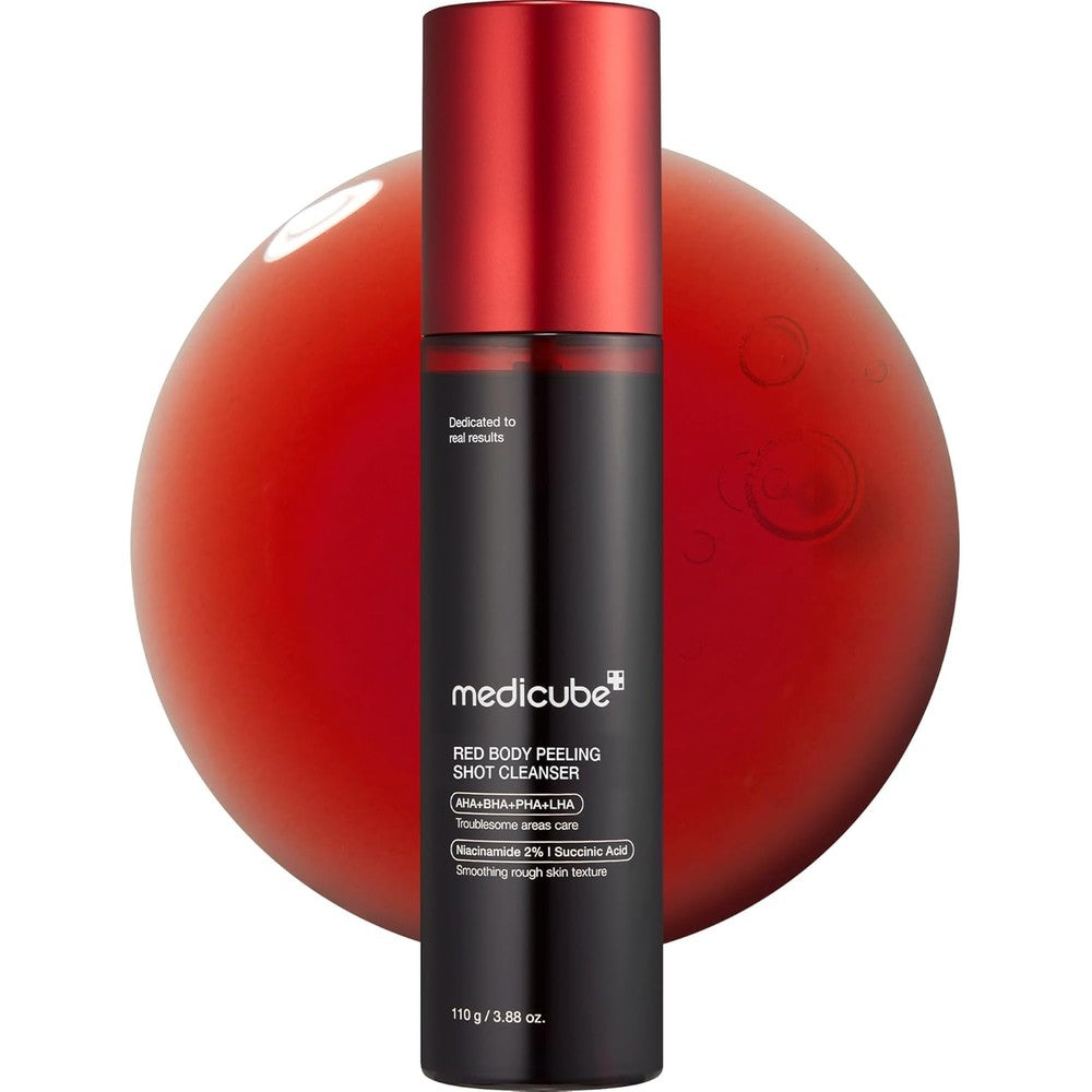 Medicube Red Body Peeling Shot front packaging view exfoliating body spray for acne treatment