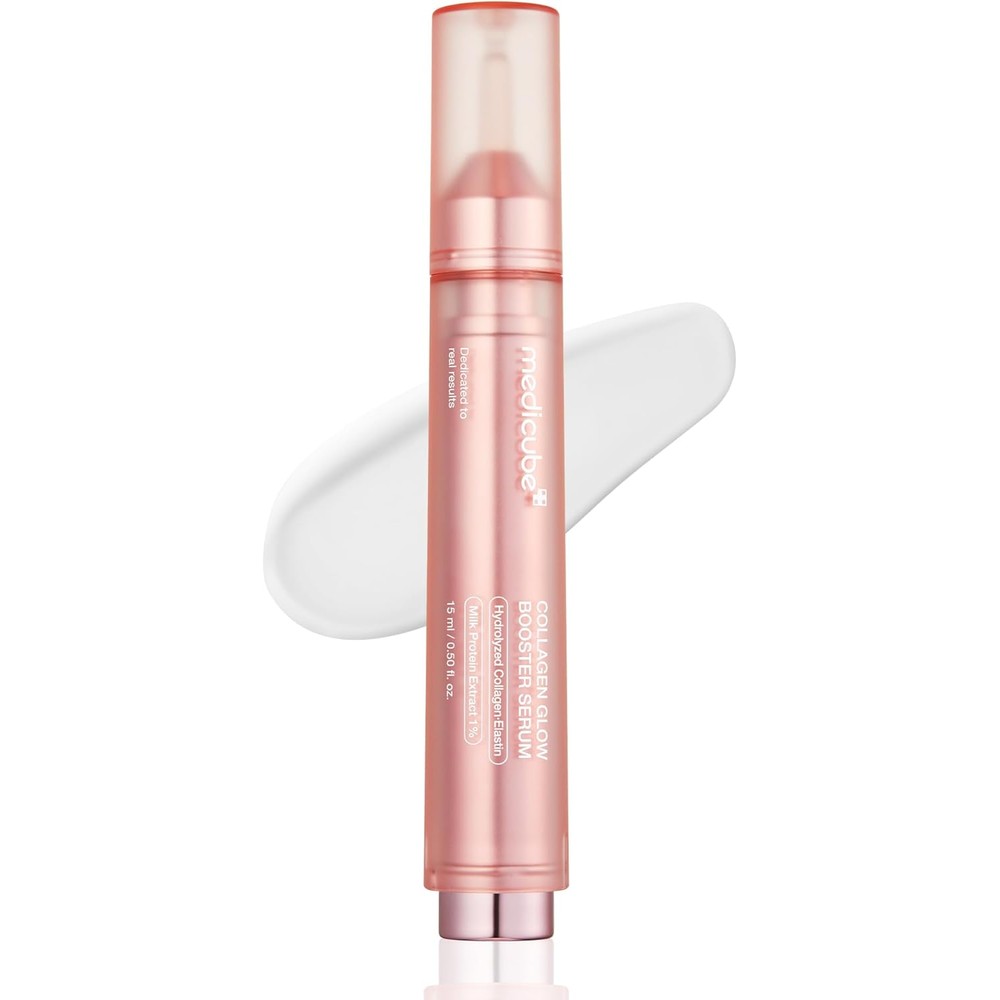 Medicube Collagen Glow Booster Milk Serum front view of pink twist and click tube