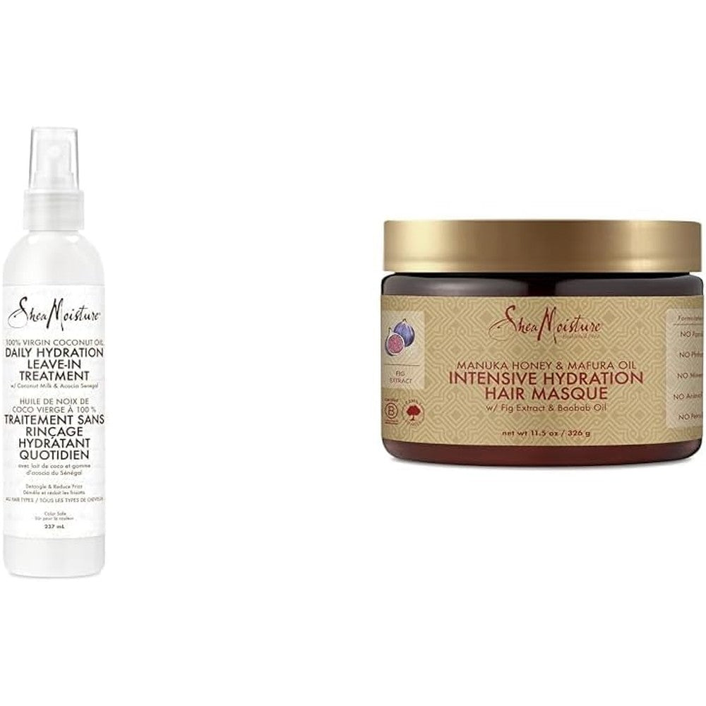 SheaMoisture Leave-in Conditioner Treatment for All Hair Types 100% Extra Virgin Coconut Oil Silicone Free Conditioner 8 oz & Intensive Hydration Hair Masque Manuka Honey & Mafura Oil For Dry