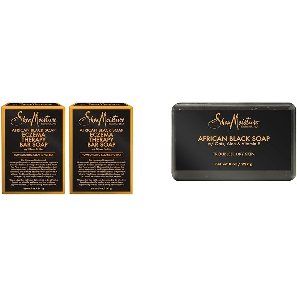 SheaMoisture Bar Soap for Eczema African Soap with Shea Butter, Black, Aloe Vera, 5 Ounce & Bar Soap African Black Soap for Troubled Skin Cleanser with Shea Butter 8 oz