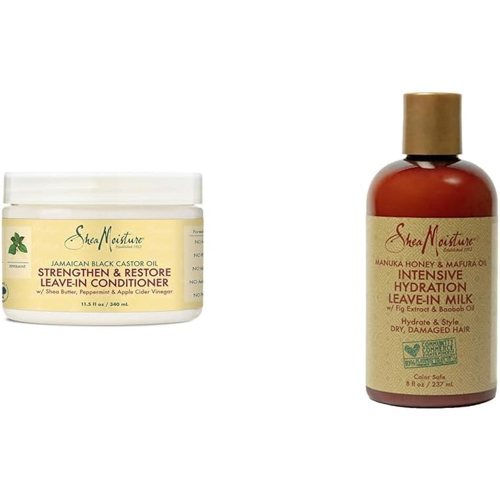 SheaMoisture Jamaican Black Castor Oil Leave In Conditioner 11.5oz & Manuka Honey Mafura Oil Hydration Hair Milk 8oz Bundle