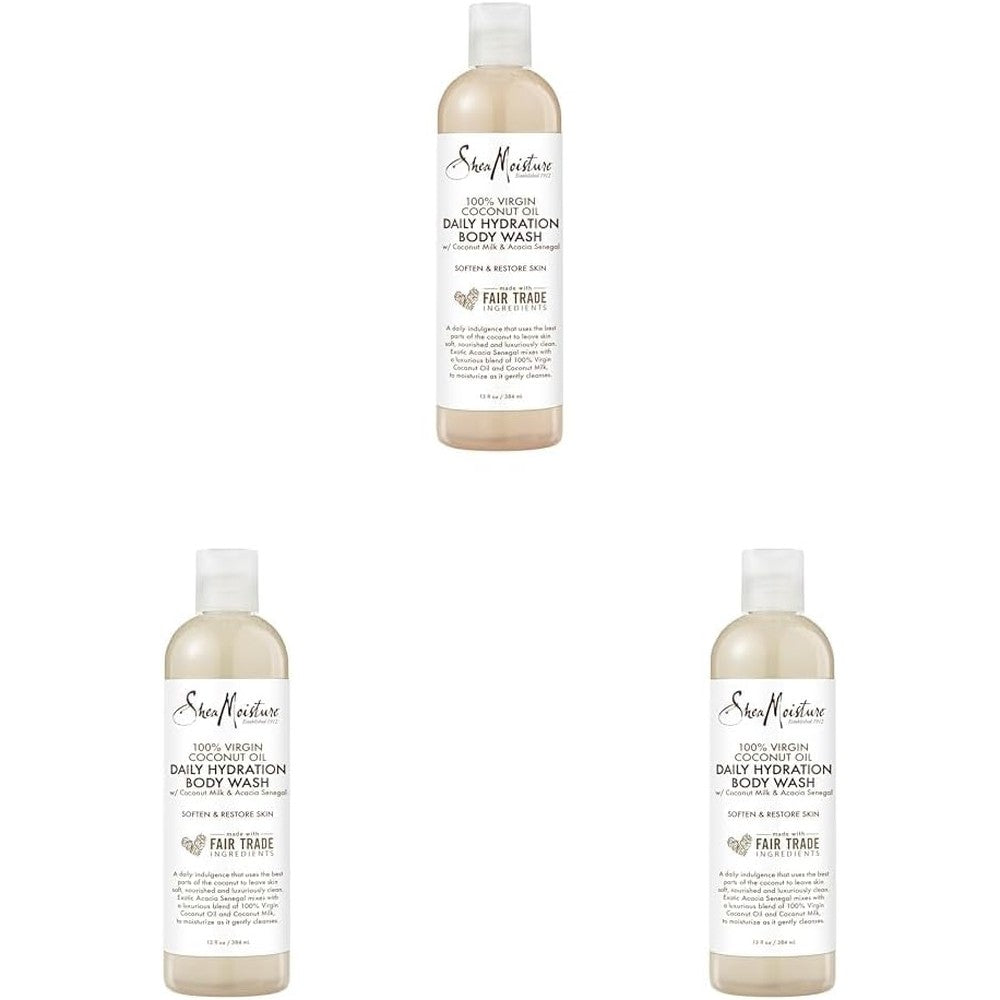 SheaMoisture Daily Hydration Body Wash 100% Virgin Coconut Oil Cleanser for All Skin Types Skin Care to Soften & Restore Skin 13 oz (Pack of 3)