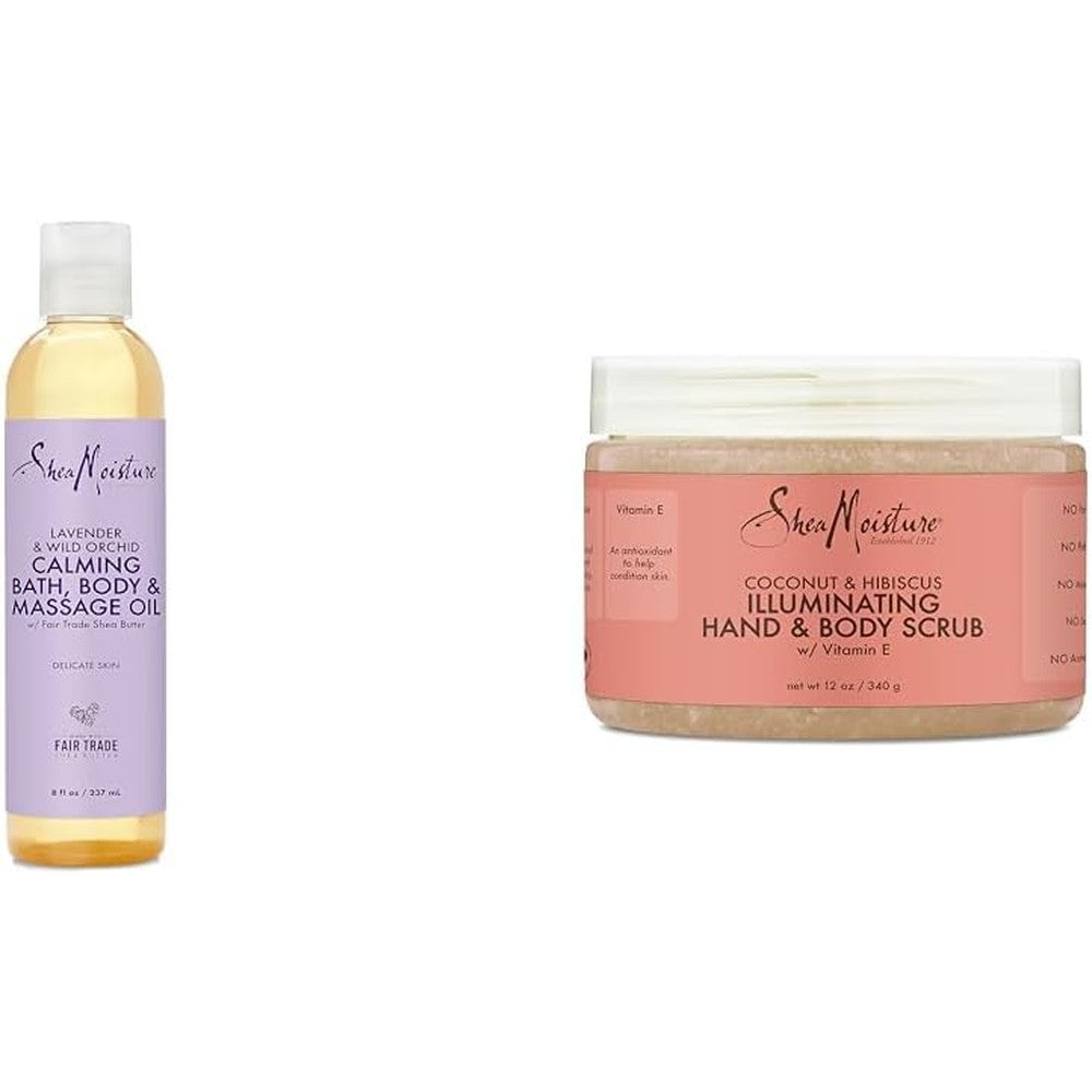 SheaMoisture Bath, Body and Massage Oil Lavender Wild Orchid Calming Moisturizer & Body Scrub for Dull Skin Illuminating Coconut and Hibiscus Cruelty-Free Skin Care 12 oz