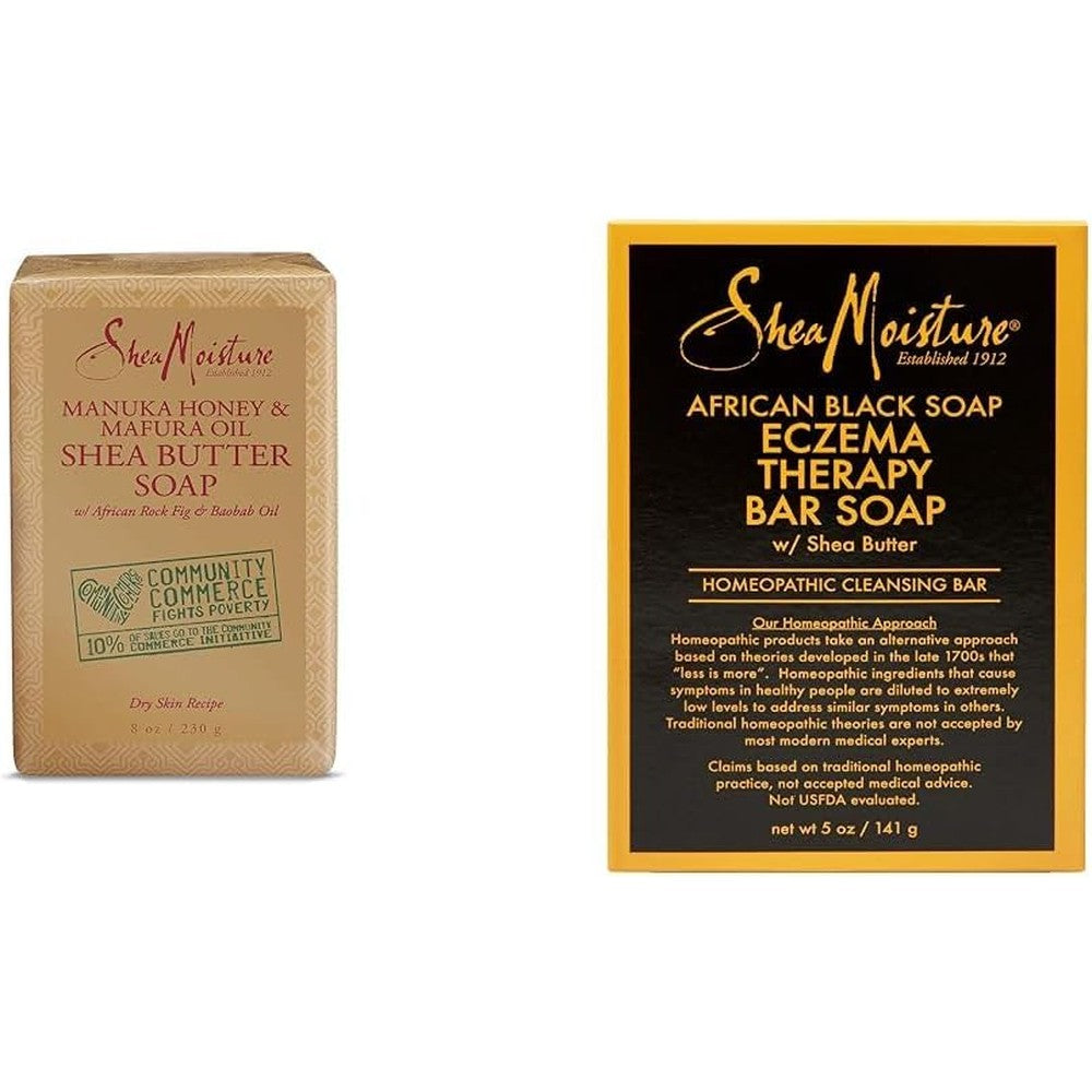 SheaMoisture Shea Butter Soap with Manuka Honey and Mafura Oil 8oz and African Black Soap for Eczema 5oz Bar Soap Bundle