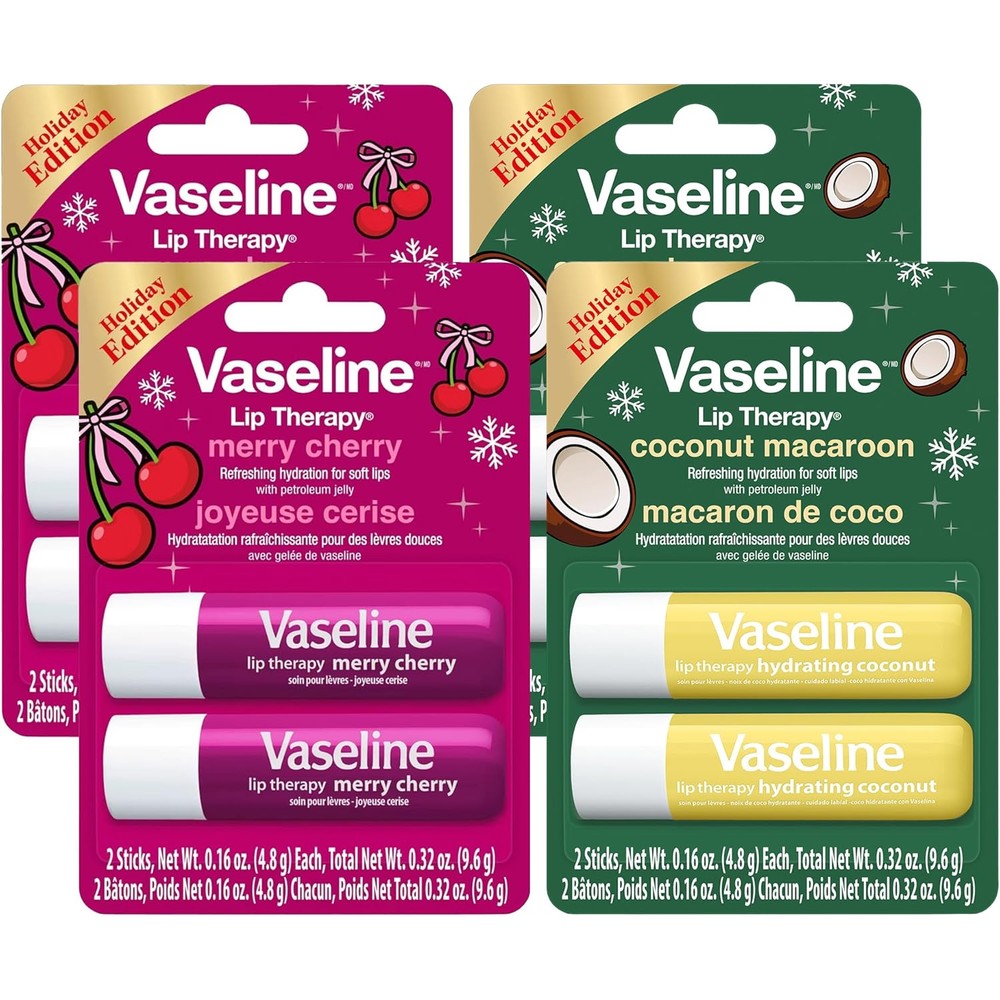 Vaseline Lip Therapy Holiday Edition Merry Cherry and Coconut Macaron front view