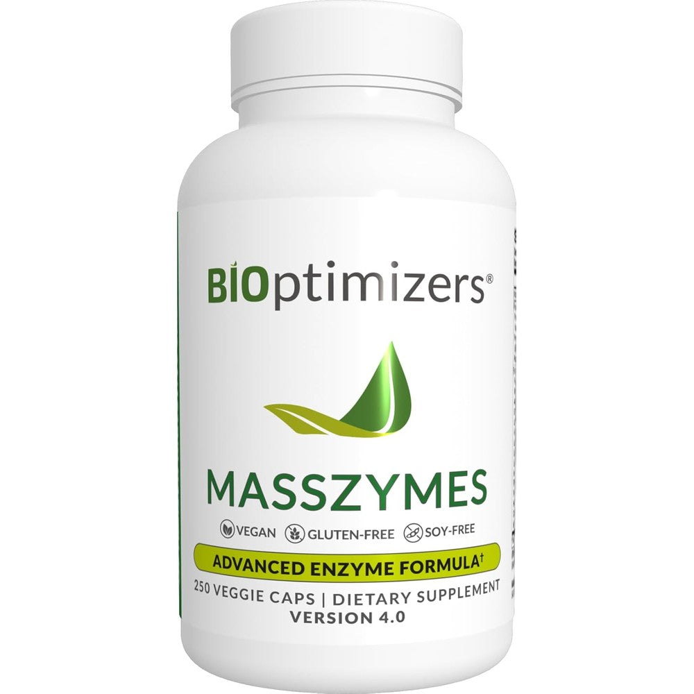 BIOptimizers MassZymes 250 veggie capsules bottle front view for bloating relief
