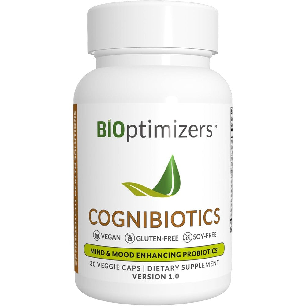 BIOptimizers Cognibiotics Probiotic Brain Supplement 30 capsules front view for mental clarity.