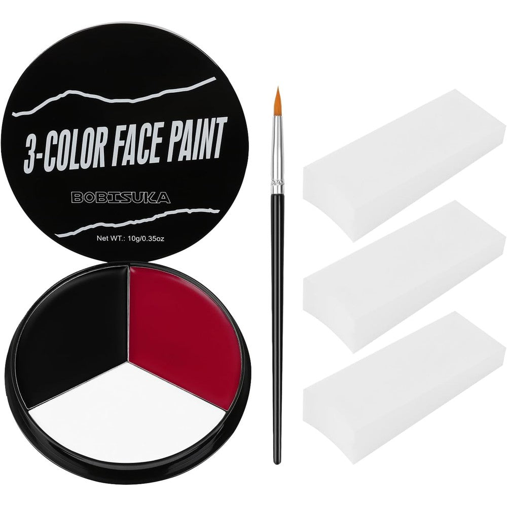 Black White Red Face Paint + 3PC Sponge + Brush, Colored Eye Black for Baseball Softball Sport Games, Body Painting Kit for Halloween Clown Makeup, Cosplay, Costume, SFX Special Effect, Theme Parties