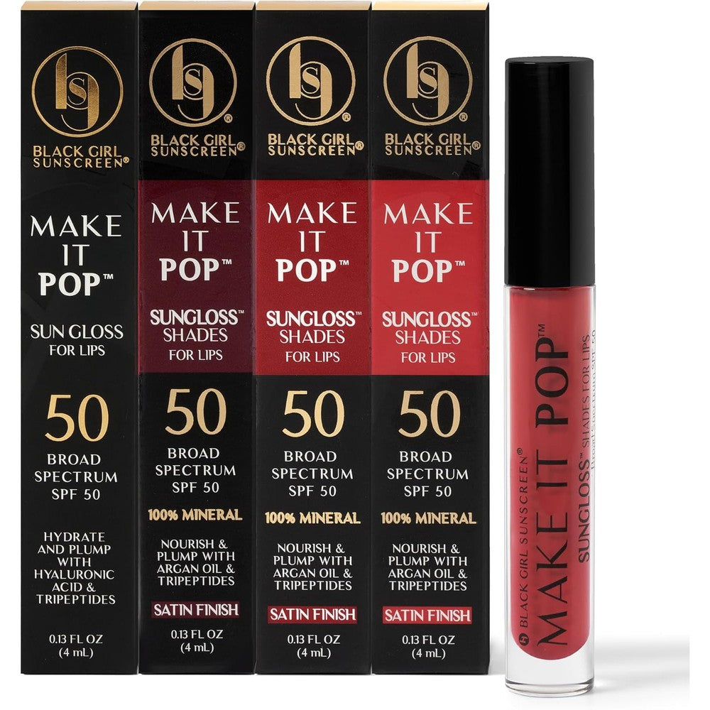 BLACK GIRL SUNSCREEN Make It Pop Sungloss & Sungloss Shades for Women - SPF 50 Tinted Sunscreen Lip Gloss, Sun Protection, Hydrating - 4 Pack (Clear Skyes, Cherry Noir, Red Wine, French Kiss)