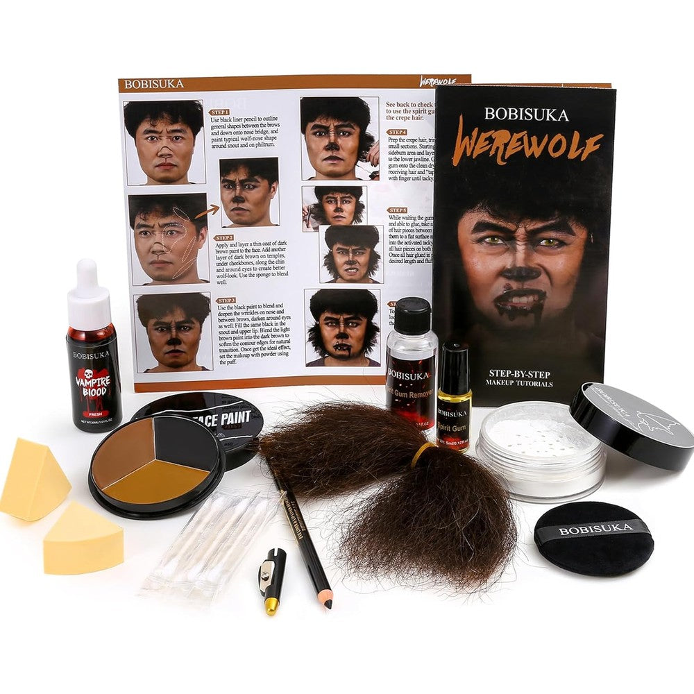 Halloween Werewolf Makeup Kit, Wolf-man SFX Make Up Kits Character Set with Face Paint, Crepe Hair & Fake Blood for Special Effects Costume Makeup, Theater, Cosplay & Party