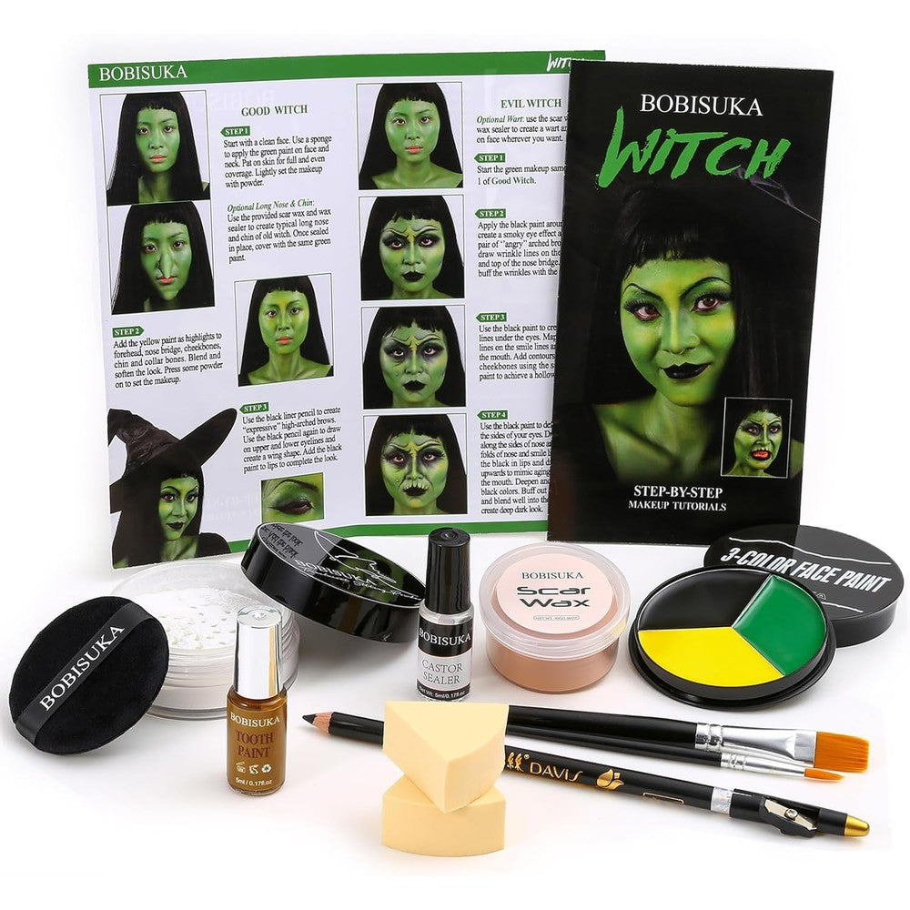 Halloween Witch Makeup, Complete Green Witch Make Up Kit SFX Character Set with Face Paint, Scar Wax for Special Effects Costume Makeup, Dress-Up Cosplay Party, Stage & Theater