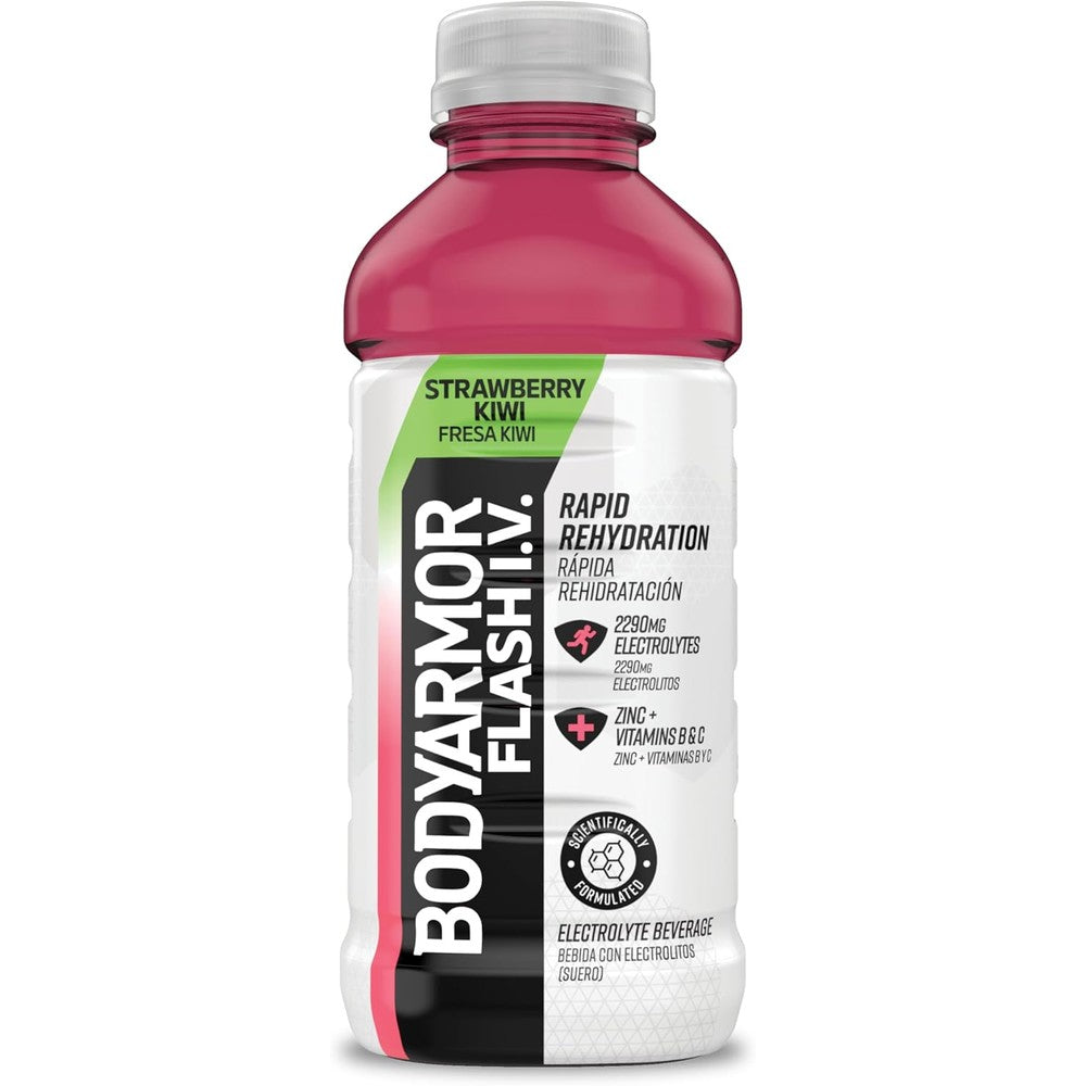 BODYARMOR Flash IV Strawberry Kiwi Electrolyte Beverage 20 Fluid Ounce front view bottle for premium fitness hydration.