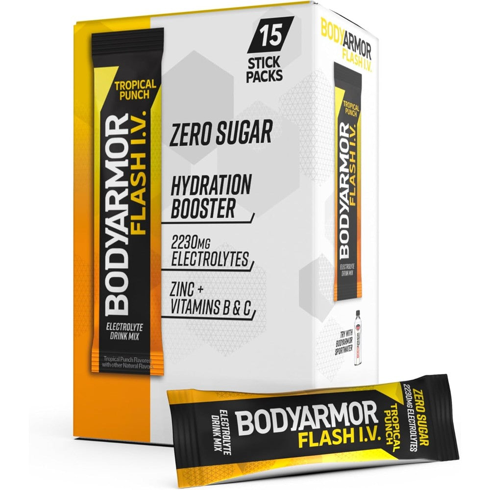 BODYARMOR Flash I.V. Electrolyte Packets Tropical Punch front packaging displaying the 15 count box.