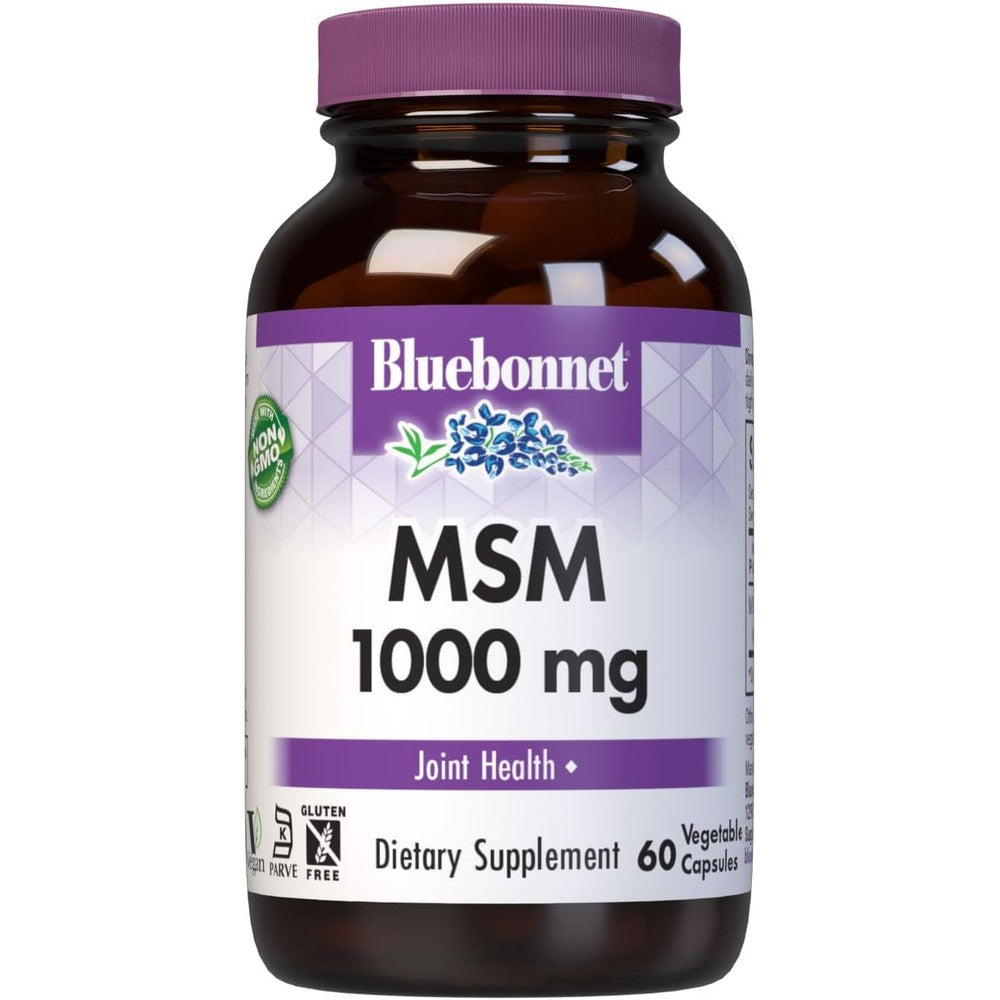 BlueBonnet Nutrition MSM 1000 mg 60 vegetable capsules front bottle view for joint health support.