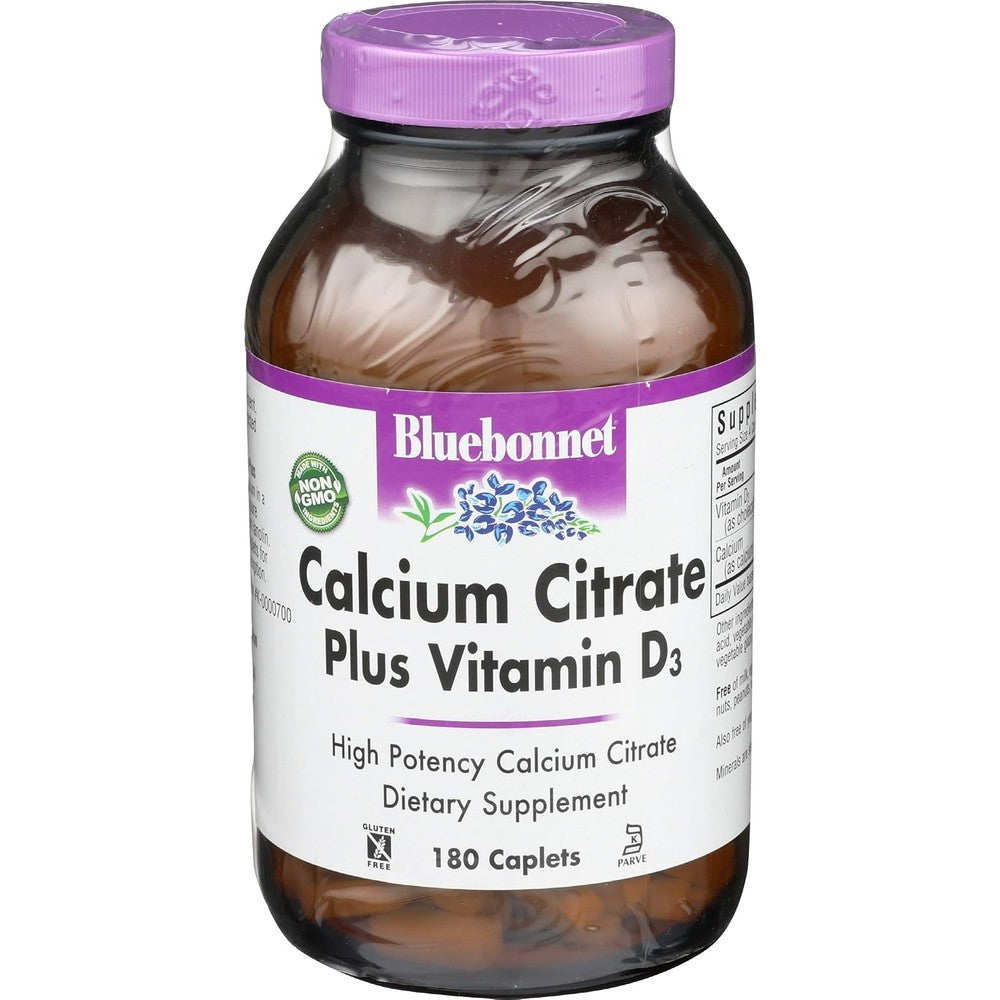 Bluebonnet Nutrition Calcium Citrate Vitamin D3 180 Caplets front bottle view showing premium bone health label