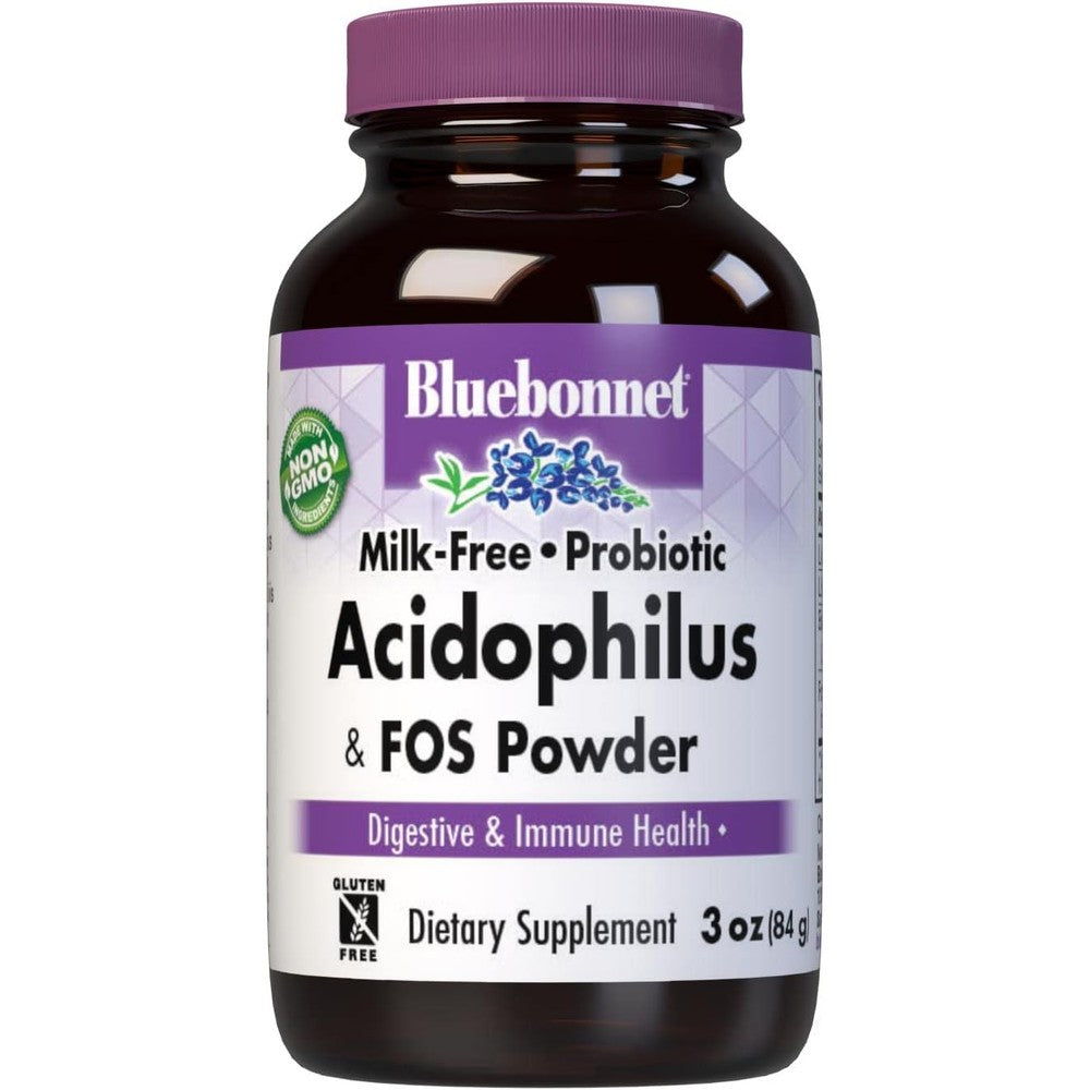 BlueBonnet Milk Free Probiotic Acidophilus Plus FOS Powder 3 Ounce front packaging view for digestive health.