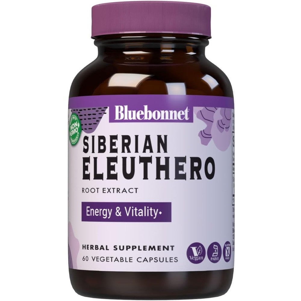 BlueBonnet Eleuthero Root 500mg 60 vegetable capsules front view packaging for energy and vitality supplement