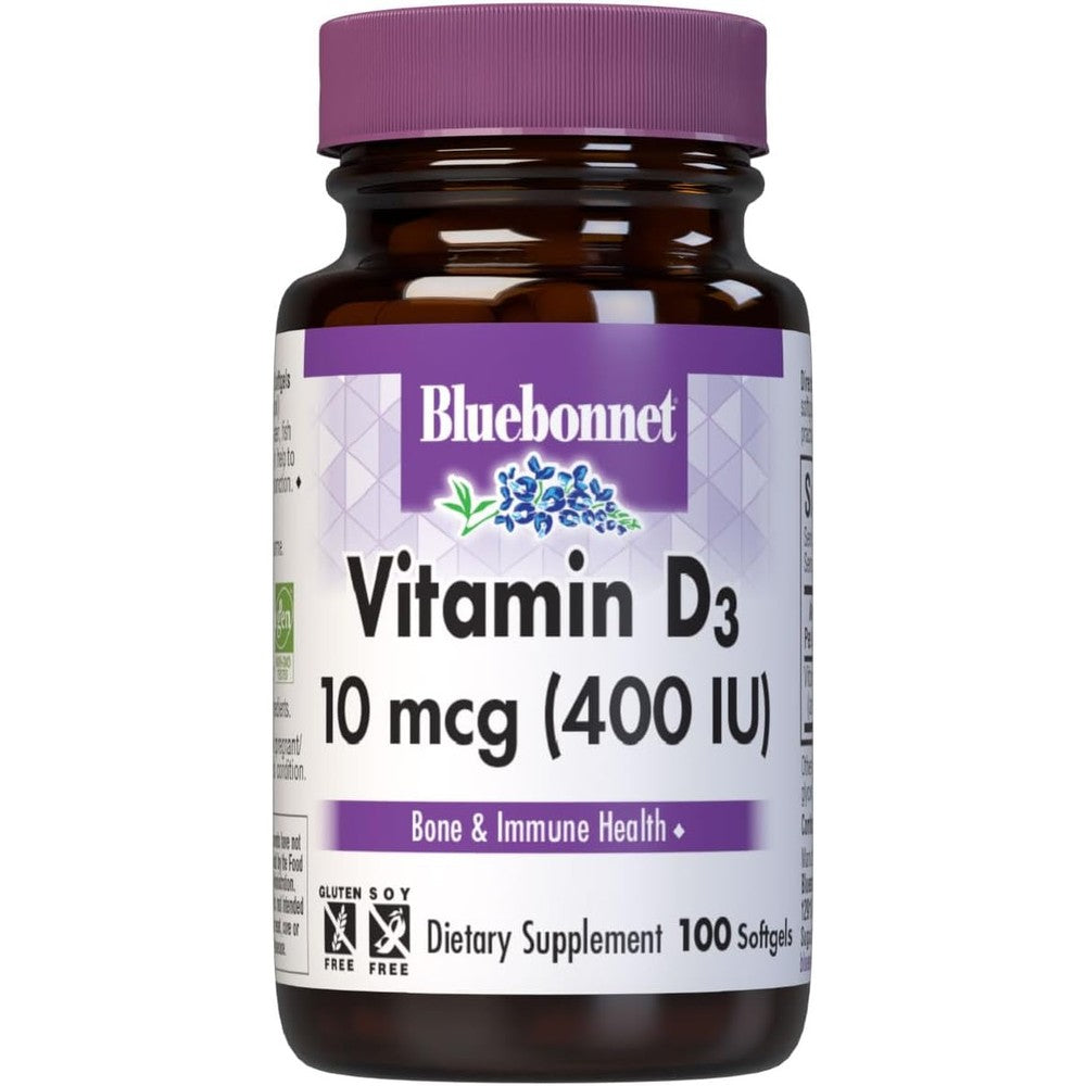BlueBonnet Nutrition Vitamin D3 400 IU softgels bottle front view for immune health support