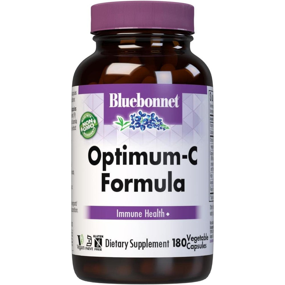 BlueBonnet Optimum C Formula 180 Vegetable Capsules front bottle label showing immune support benefits