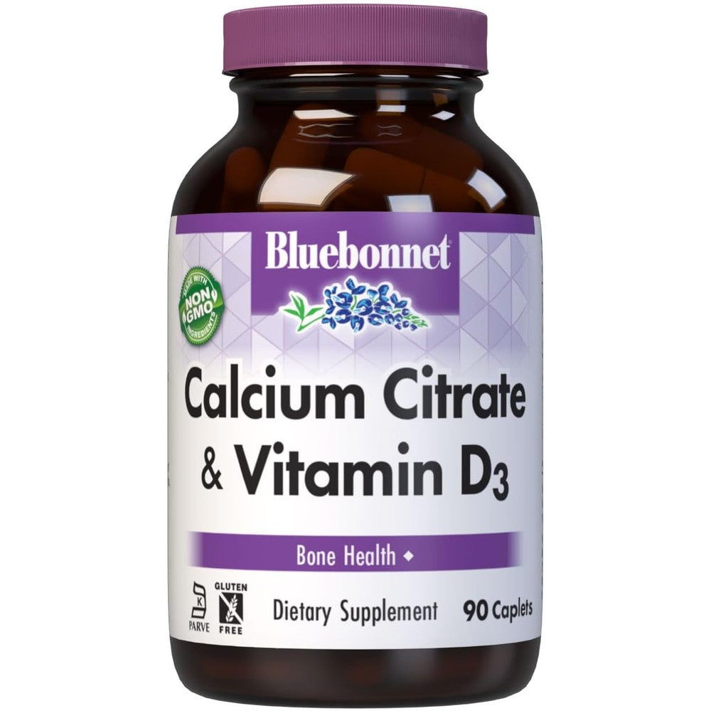 Bluebonnet Nutrition Calcium Citrate and Vitamin D3 90 caplets front bottle view for bone health support.