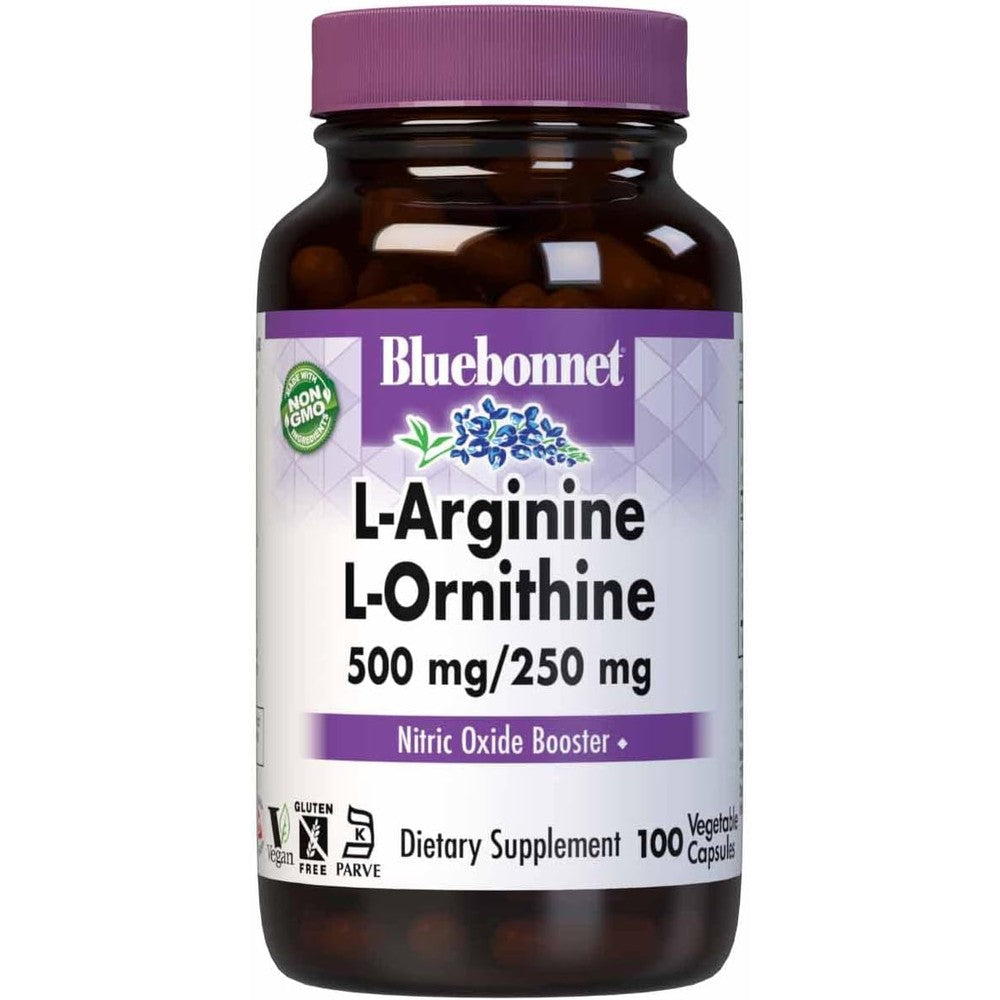 Bluebonnet Nutrition L-Arginine L-Ornithine 100 Vegetable Capsules front view showing nitric oxide booster label.