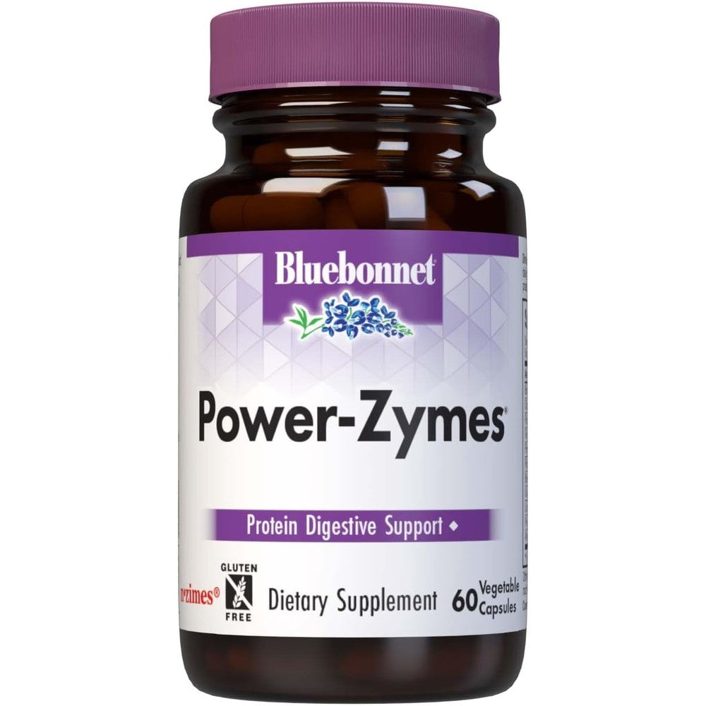 Bluebonnet Nutrition Power Zymes front bottle view showing 60 vegetable capsules for digestive health support.