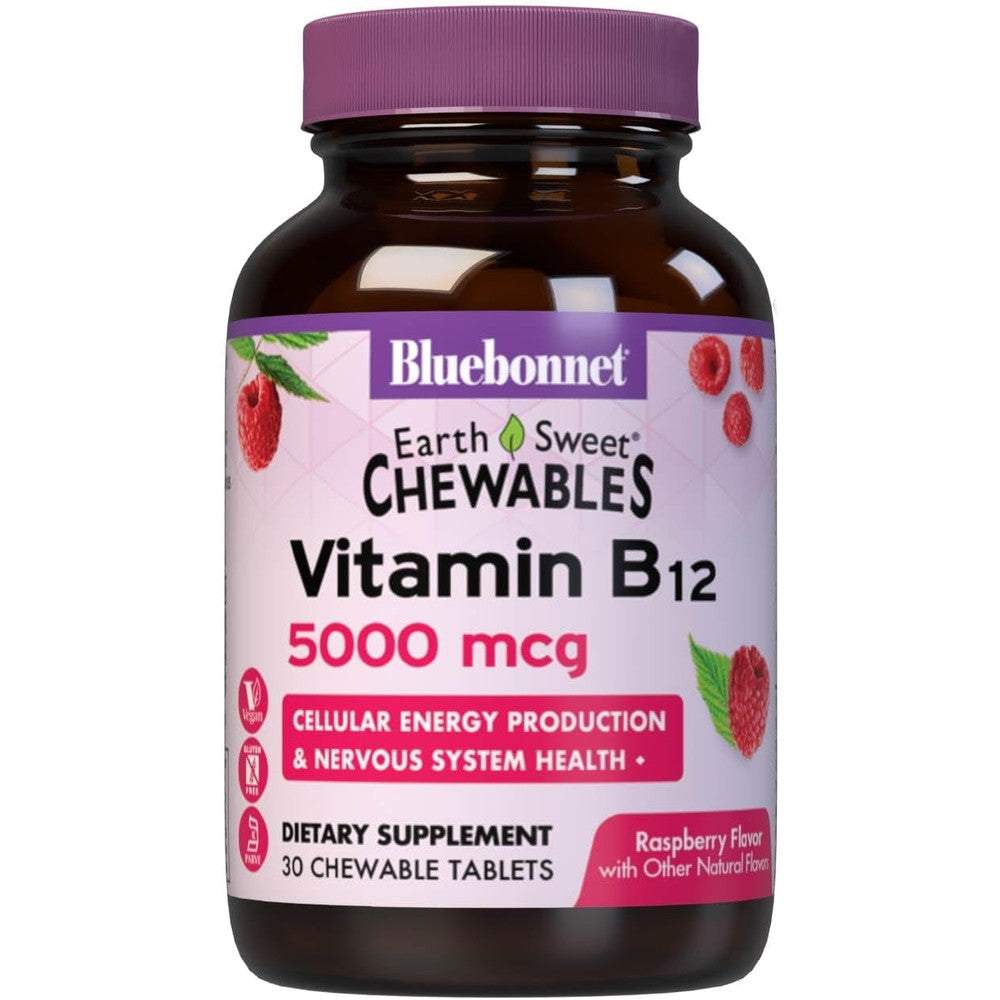 Bluebonnet Nutrition Earth Sweet Vitamin B12 5000 mcg bottle front view showing authentic imported wellness supplement packaging.