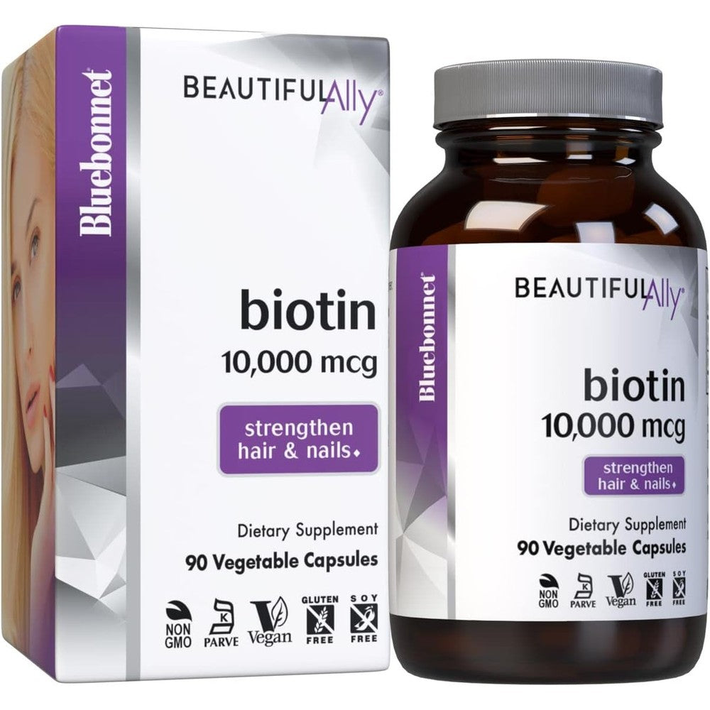 Bluebonnet Beautiful Ally Biotin 10000 mcg bottle front view for hair health