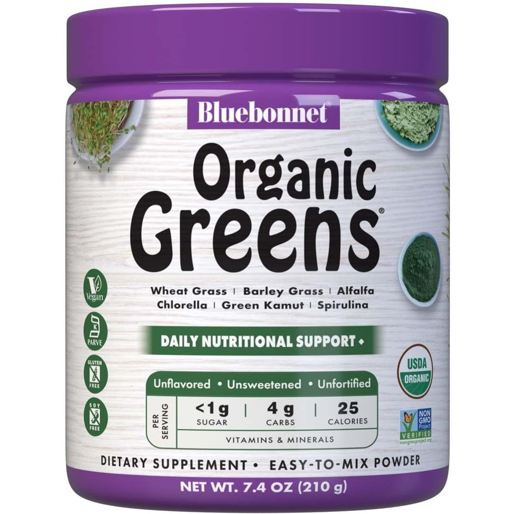 Bluebonnet Nutrition Super Earth Organic Greens Powder 7.4 Ounce canister front view