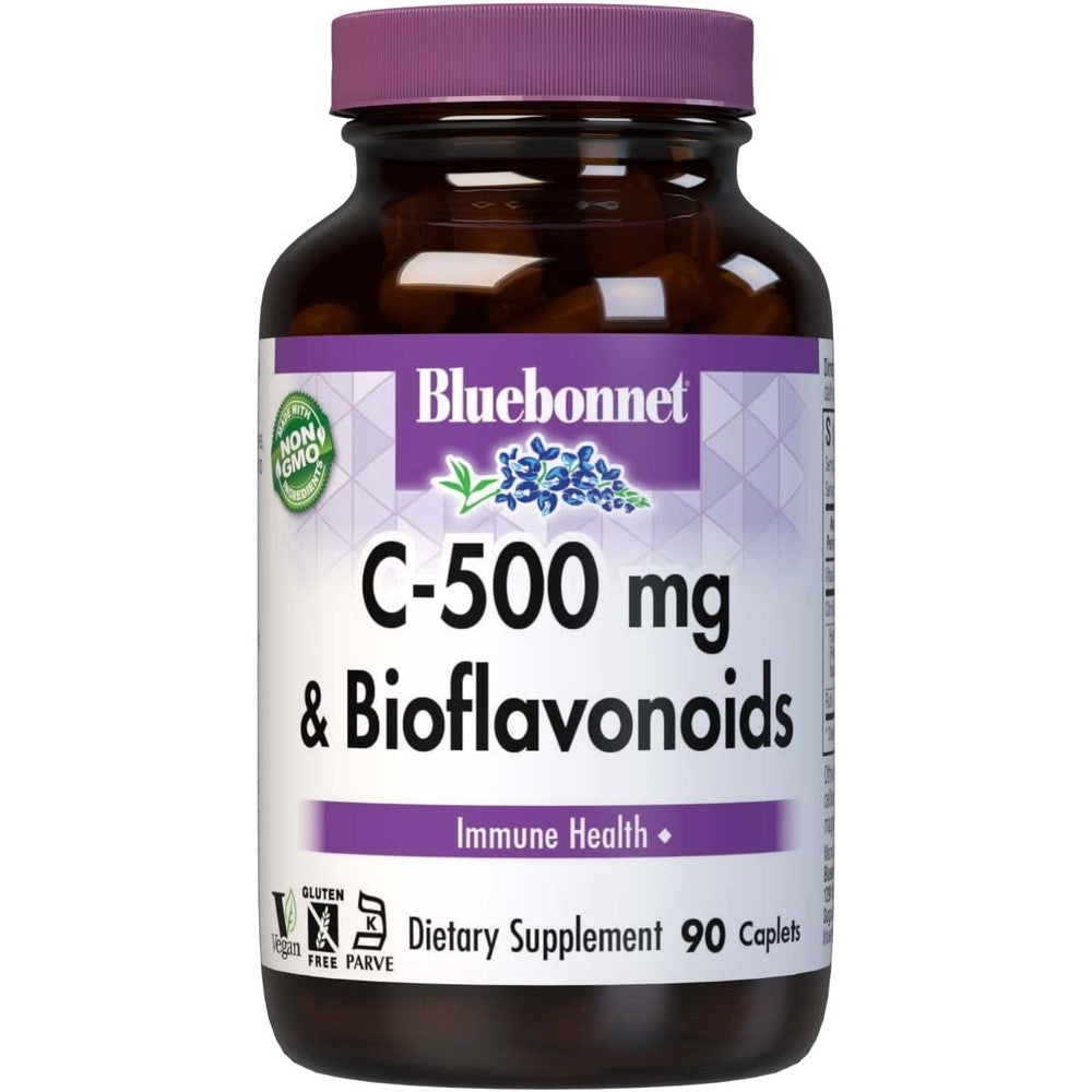 Bluebonnet Vitamin C 500 mg Plus Bioflavonoids 90 caplets bottle front view for immune health