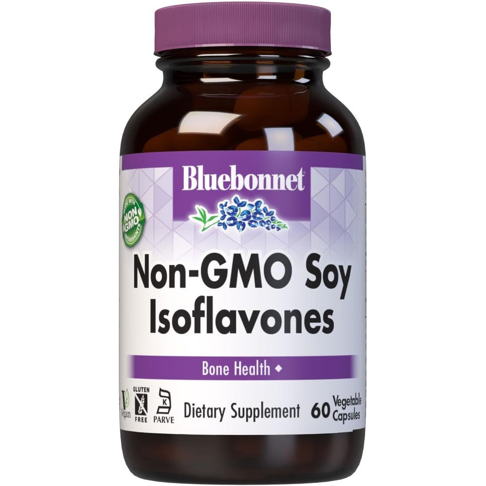 Bluebonnet Nutrition Non GMO Soy Isoflavones 60 Vegetable Capsules front view bottle for bone health support