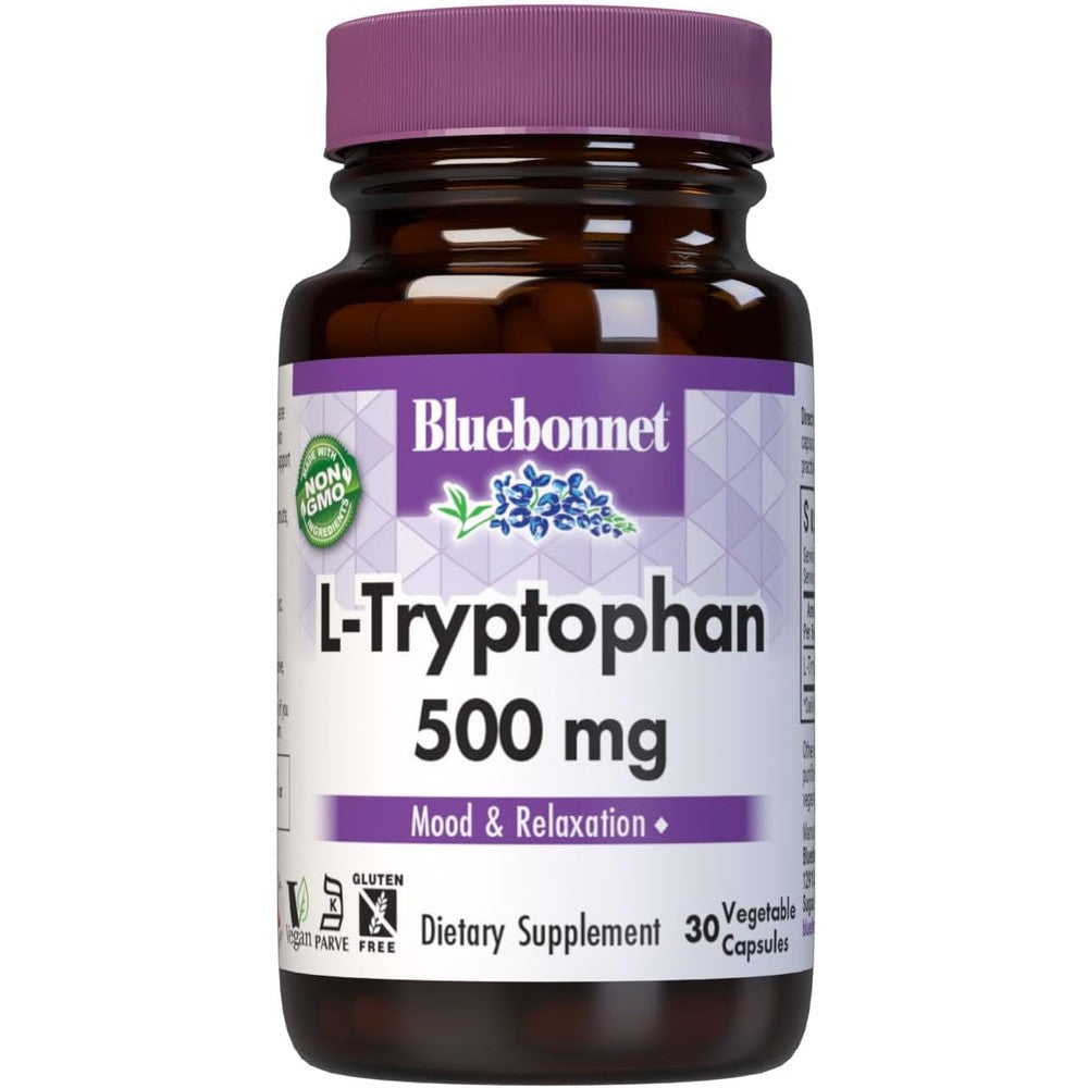 Bluebonnet L-Tryptophan 500 mg 30 vegetable capsules front label view for mood support.