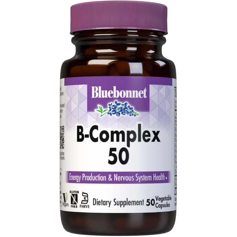 Bluebonnet Nutrition B Complex 50 Vegetable Capsules front bottle view displaying USA imported vegetarian energy supplement.