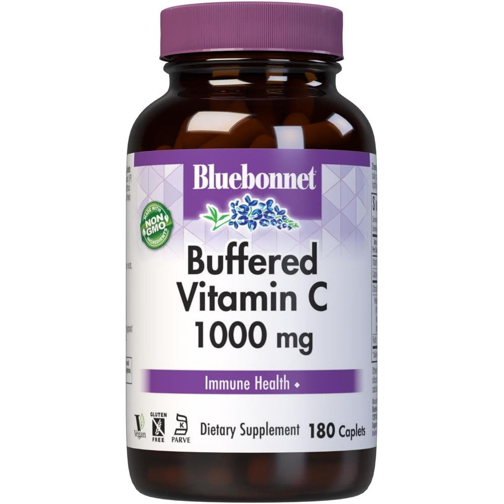 Bluebonnet Nutrition Buffered Vitamin C 1000 mg 180 caplets front label for immune support.