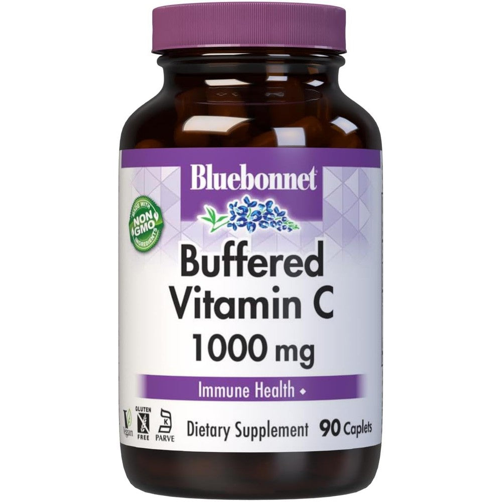 Bluebonnet Nutrition Buffered Vitamin C 1000 mg bottle front view showing vegan and non-GMO immune supplement certification.