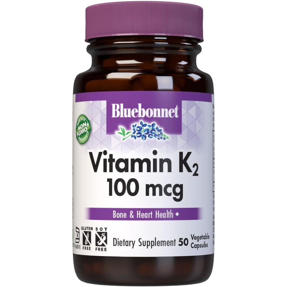 BlueBonnet Vitamin K2 100 mcg bottle front view showcasing bone and heart health support.