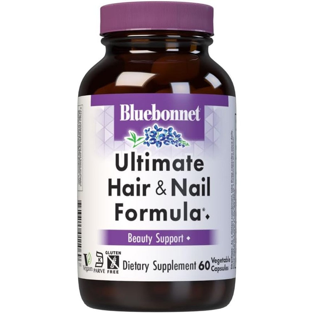 Bluebonnet Ultimate Hair and Nail Formula 60 vegetable capsules front label displaying product benefits