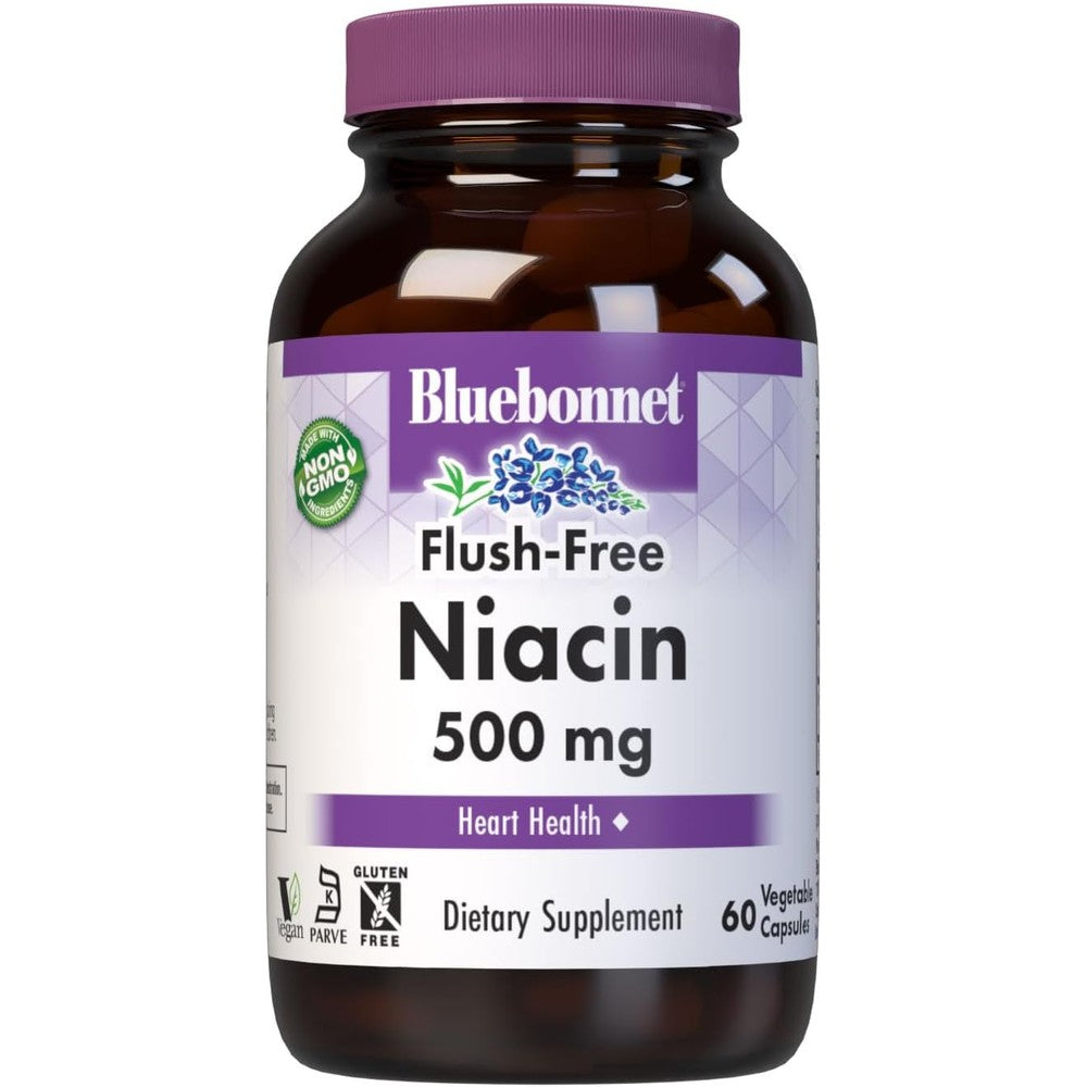 Bluebonnet Nutrition Flush Free Niacin 500mg supplement front view bottle for heart health