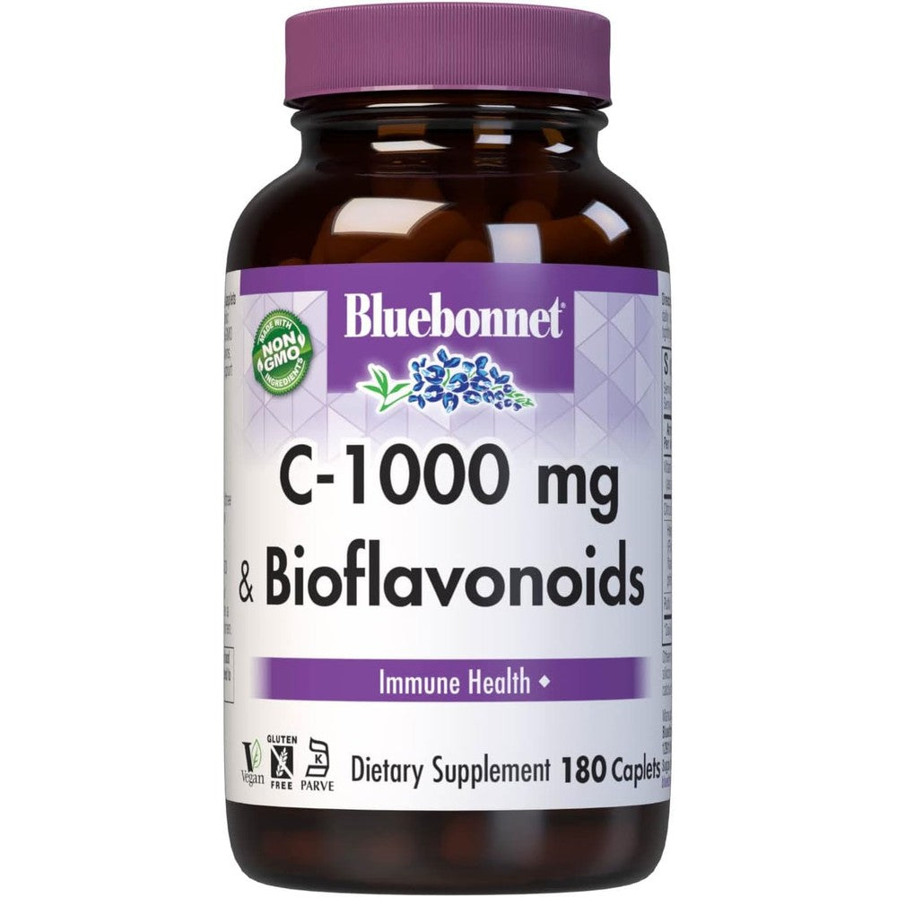 Bluebonnet Nutrition Vitamin C 1000mg Plus Bioflavonoids 180 caplets front view bottle for premium immune health support.